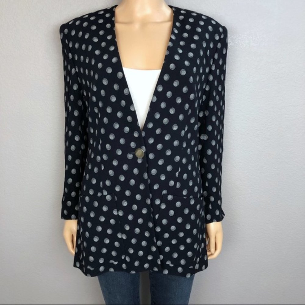 Vintage Black Blazer with Gray Polka Dots